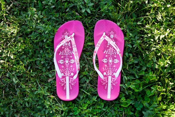 Top View Closeup Shot Pair Casual Pink Slippers Green Grass — Stock Photo, Image