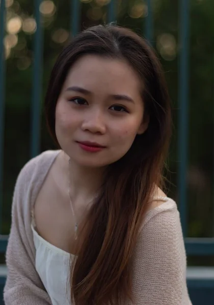 Tiro Vertical Uma Mulher Asiática Sorridente Com Uma Cerca Fundo — Fotografia de Stock