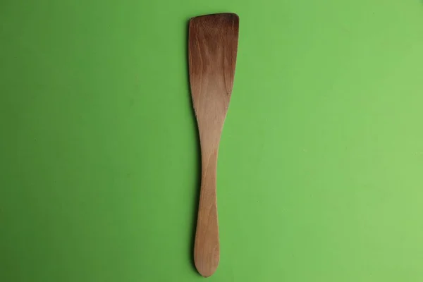 Top View Wooden Cooking Spatula Isolated Green Background — Stock Photo, Image