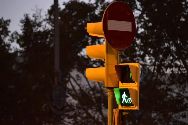 Een Stopbord Stoplicht Met Groen Licht Voor Voetgangers — Stockfoto