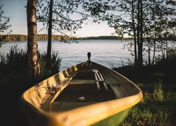 Primer Plano Barco Pesca Hierba Verde Cerca Del Lago Amanecer —  Fotos de Stock