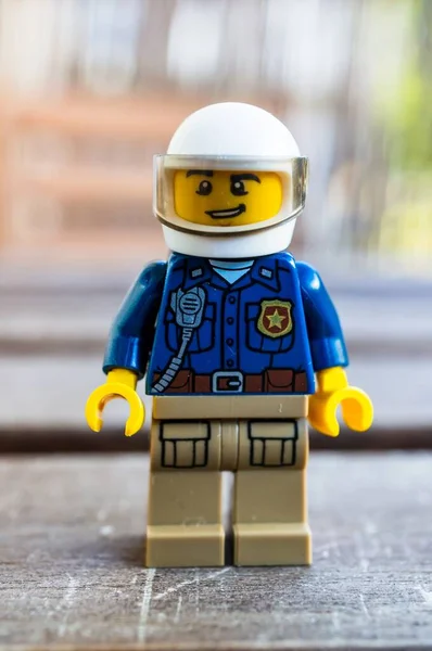 Poznan Poland Jul 2020 Lego Police Figurine Helmet Standing Wooden — 图库照片
