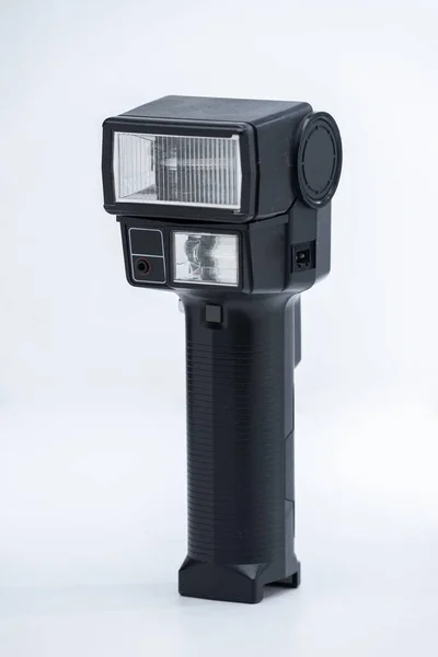 Zwarte Speedlight Camera Flitser Witte Achtergrond — Stockfoto