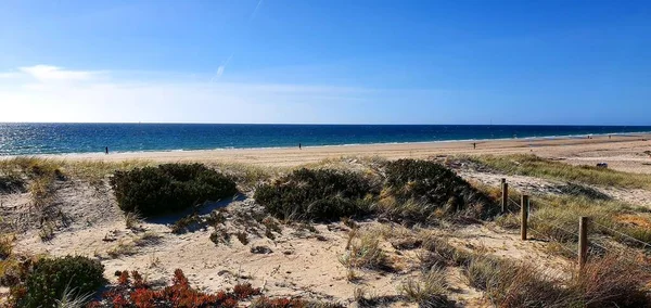 Uma Praia Areia Com Algumas Calças Capturadas Dia Sol Limpo — Fotografia de Stock