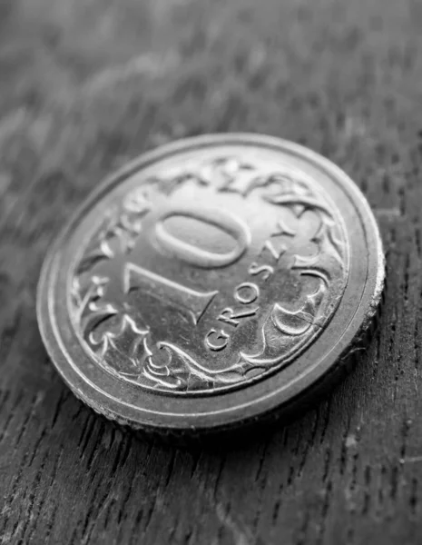 Poznan Poland Jul 2020 Polish Ten Groszy Coin Laying Wooden — Stock Photo, Image