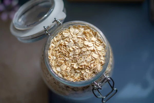 Overhead Top View Oats Glass Jar — Stock Photo, Image