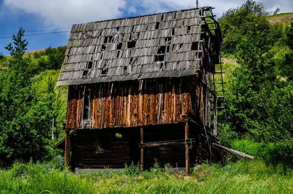 An old wooden cottage with damaged roof surrounded with trees and green grass