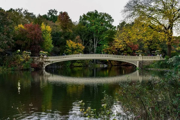 Eine Weiße Lange Brücke Über Den Fluss Herbst Bethesda Terrace — Stockfoto