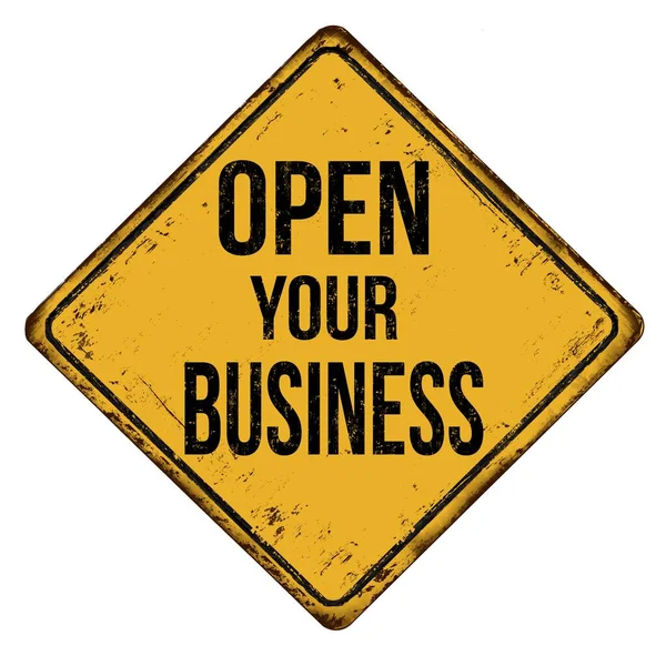 Old Yellow Open Your Business Sign Isolated White Background — Stock Photo, Image