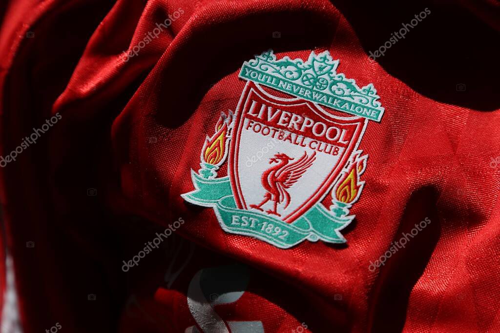 PORT ELIZABETH, SOUTH AFRICA - Jun 27, 2020: A Liverpool Football Club emblem on a jersey.  Premier league winners 2020.