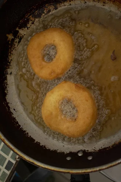 Top View Donuts Being Deep Fried Boiling Oil Pan — Stock Photo, Image