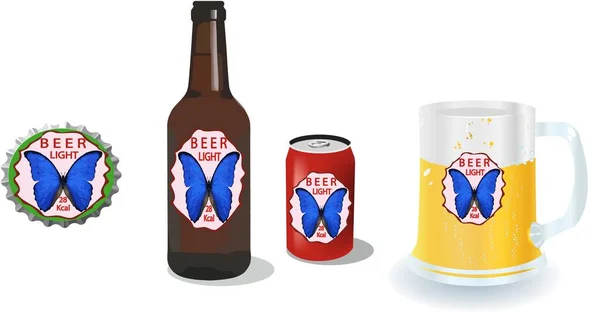 Illustration Beer Logo Blue Butterfly Bottle Can Glass Isolated White — Stock Photo, Image