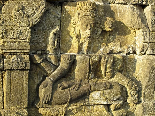 Närbild Bild Stenhuggningar Borobudur Temple Mungkid Indonesien — Stockfoto