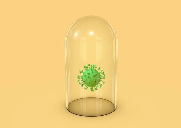 Een Groene Coronaviruscel Een Glazen Koepel Met Gele Achtergrond Het — Stockfoto