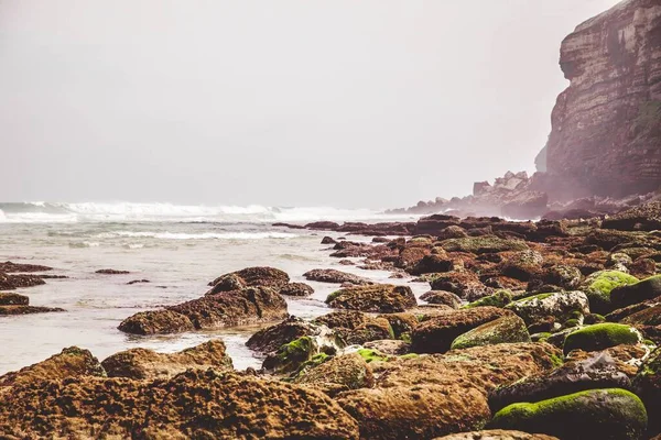 Uma Vista Espetacular Pedras Musgosas Uma Costa Perfeito Para Papel — Fotografia de Stock