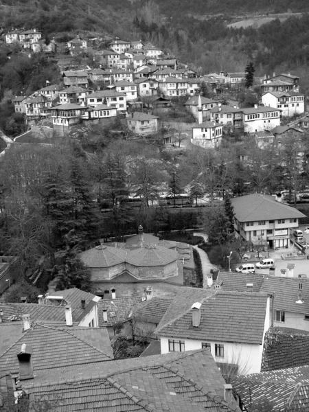 Eine Vertikale Graustufenaufnahme Eines Kleinen Dorfes Auf Einem Hügel — Stockfoto
