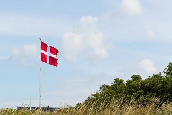 Een Lage Hoek Opname Van Wapperende Vlag Van Denemarken Onder — Stockfoto