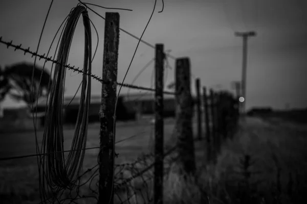 Een Grijsschaal Opname Van Een Hek Met Metalen Kolommen Draad — Stockfoto