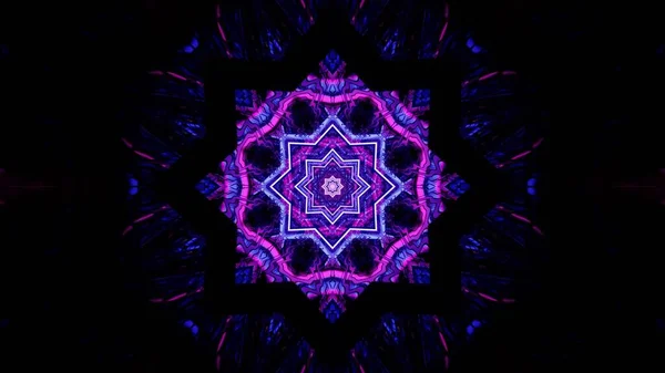 黒を背景に左右対称の曼荼羅の形をした紫色のネオンのデジタルイラスト — ストック写真
