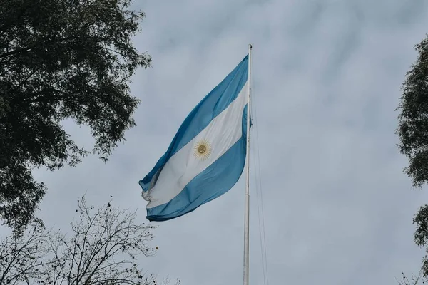 Colpo Angolo Basso Una Bandiera Dell Argentina Sfondo Cielo Nuvoloso — Foto Stock