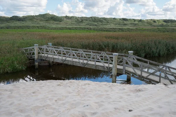 Eine Kleine Brücke Mit Metallischen Geländern Über Einen Fluss Umgeben — Stockfoto
