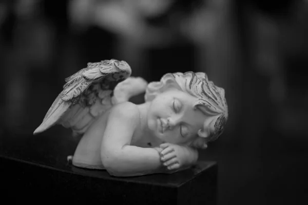 Close Uma Estatueta Mármore Anjo Cenário Gótico Fundo Escuro Embaçado — Fotografia de Stock