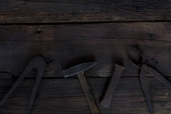 Top View Rusty Old Tools Dark Wooden Background — Stock Photo, Image