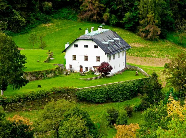 Lovitură Aeriană Unei Clădiri Albe Trei Etaje Într Pădure Pajiști — Fotografie, imagine de stoc