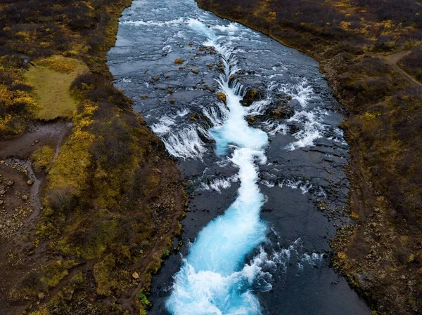 Drone Utsikt Över Landskapet Bruarfoss Vattenfall Island Vid Solnedgången Fågelfoto — Stockfoto