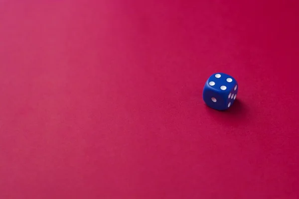 头顶上的蓝色骰子 在粉色背景上被隔离 — 图库照片