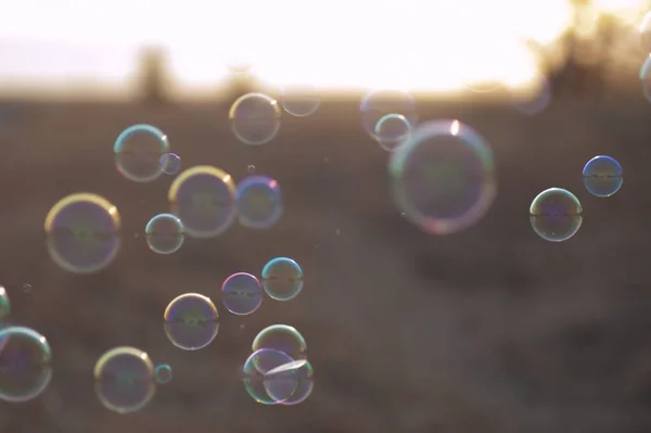 Een Close Shot Van Zeepbellen Lucht Met Een Wazige Achtergrond — Stockfoto