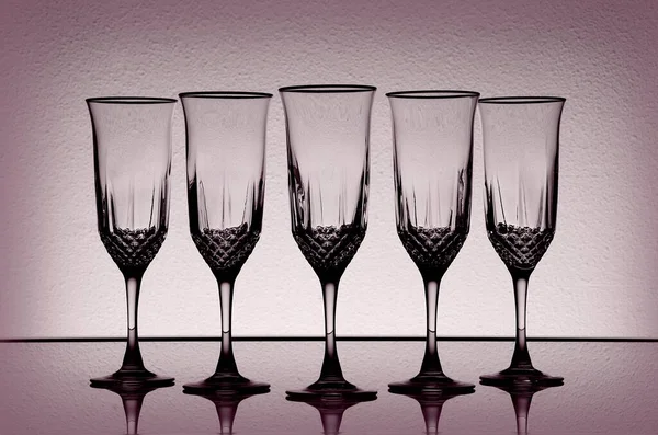 Closeup Shot Five Empty Glass Champagne Flutes Concept Fancy Formal — Stock Photo, Image