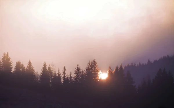 Belo Tiro Sombras Através Nevoeiro Montanha Pôr Sol — Fotografia de Stock