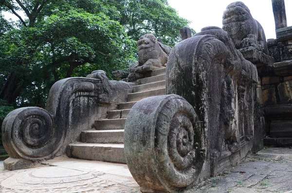 Plan Angle Bas Escaliers Antiques Magnifiquement Sculptés Polonnaruwa Sri Lanka — Photo