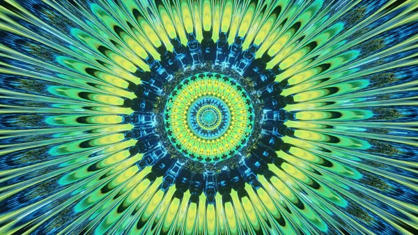Redare Unui Fundal Circular Trippy Culori Albastre Galbene Vibrante — Fotografie, imagine de stoc