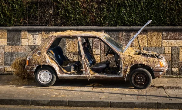 Metal Broken Car Doors Covered Hay — Stock Photo, Image