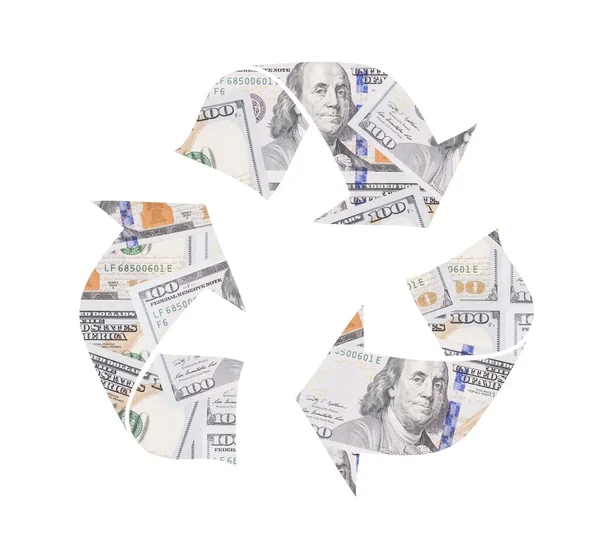 Recycling Symbol Made Dollar Bills Isolated White Background Profit Capital — Stock Photo, Image
