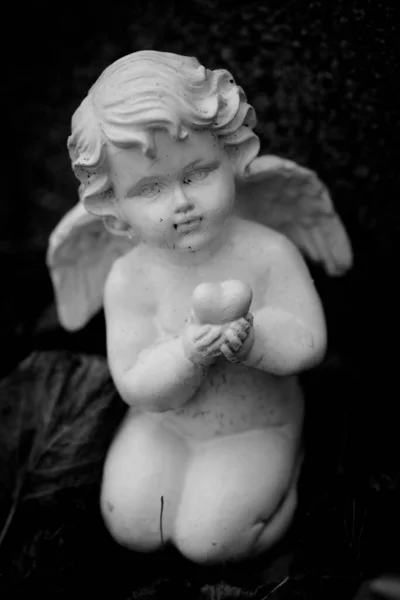 在黑暗模糊的背景下 在哥特式场景中一个天使的大理石雕像的近照 — 图库照片