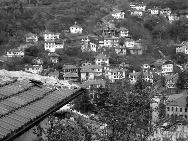 High Angle Greyscale Shot Small Village Hill — Stock Photo, Image