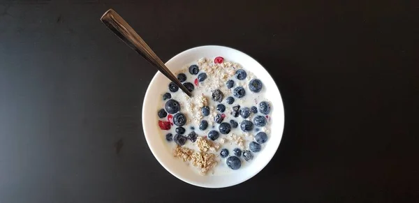 Cereal Blueberry Goji Milk White Bowl — Stock Photo, Image