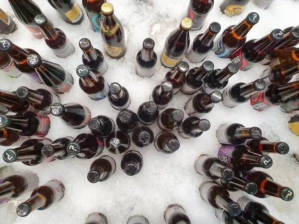 Targu Mures Romania Jul 2020 Many Bottles Beer Put Ice — Stock Photo, Image