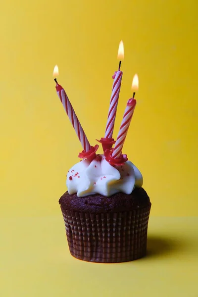 Tiro Close Vertical Cupcake Chocolate Com Creme Branco Três Velas — Fotografia de Stock