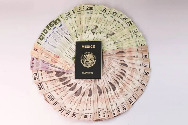Colpo Testa Banconote Colorate Peso Organizzate Cerchio Con Passaporto Messicano — Foto Stock