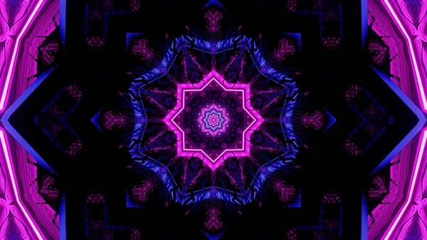 黒を背景に左右対称の曼荼羅の形をした紫色のネオンのデジタルイラスト — ストック写真