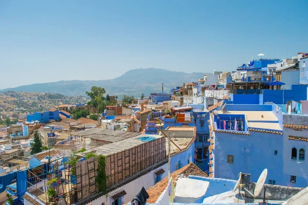 Chefchaouen Morocco Srpna 2018 Pohled Ptačí Perspektivy Střechy Starém Modrém — Stock fotografie