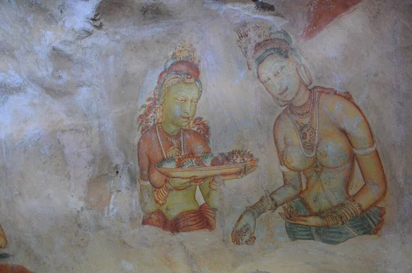 Een Close Van Oude Schilderijen Muren Oude Stad Sigiriya Dambulla — Stockfoto