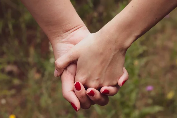 Duas Fêmeas Romanticamente Mãos Dadas Floresta — Fotografia de Stock