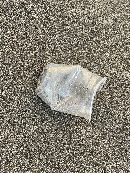 Colpo Sopraelevato Verticale Una Tazza Plastica Sulla Spiaggia Sabbiosa Concetto — Foto Stock