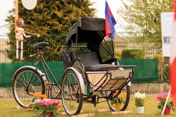 Selektiv Fokusbild Vacker Rickshaw Med Flagga — Stockfoto