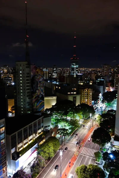 Sao Paulo Brazil Mar 2020 Gatuvy Berömda Paulista Avenue Natten — Stockfoto